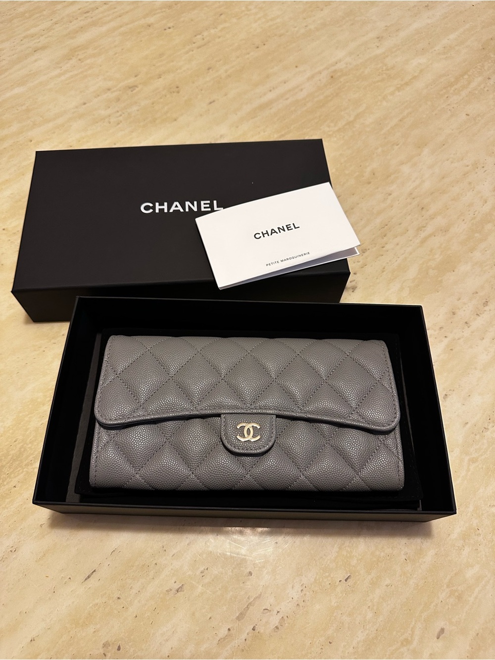 CHANEL Quilted Classic Flap Long Wallet in Caviar Leather - Grey
